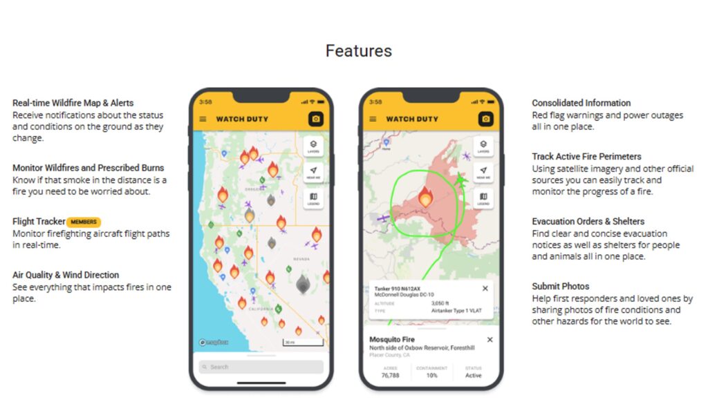 Screenshot of Watch Duty wildfire alert app showing fire maps, live aircraft tracking, evacuation notices, and real-time wildfire monitoring features.