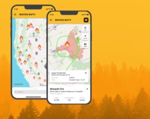 Screenshot of the Watch Duty wildfire alert app showing live fire maps and air support updates for California and surrounding states.