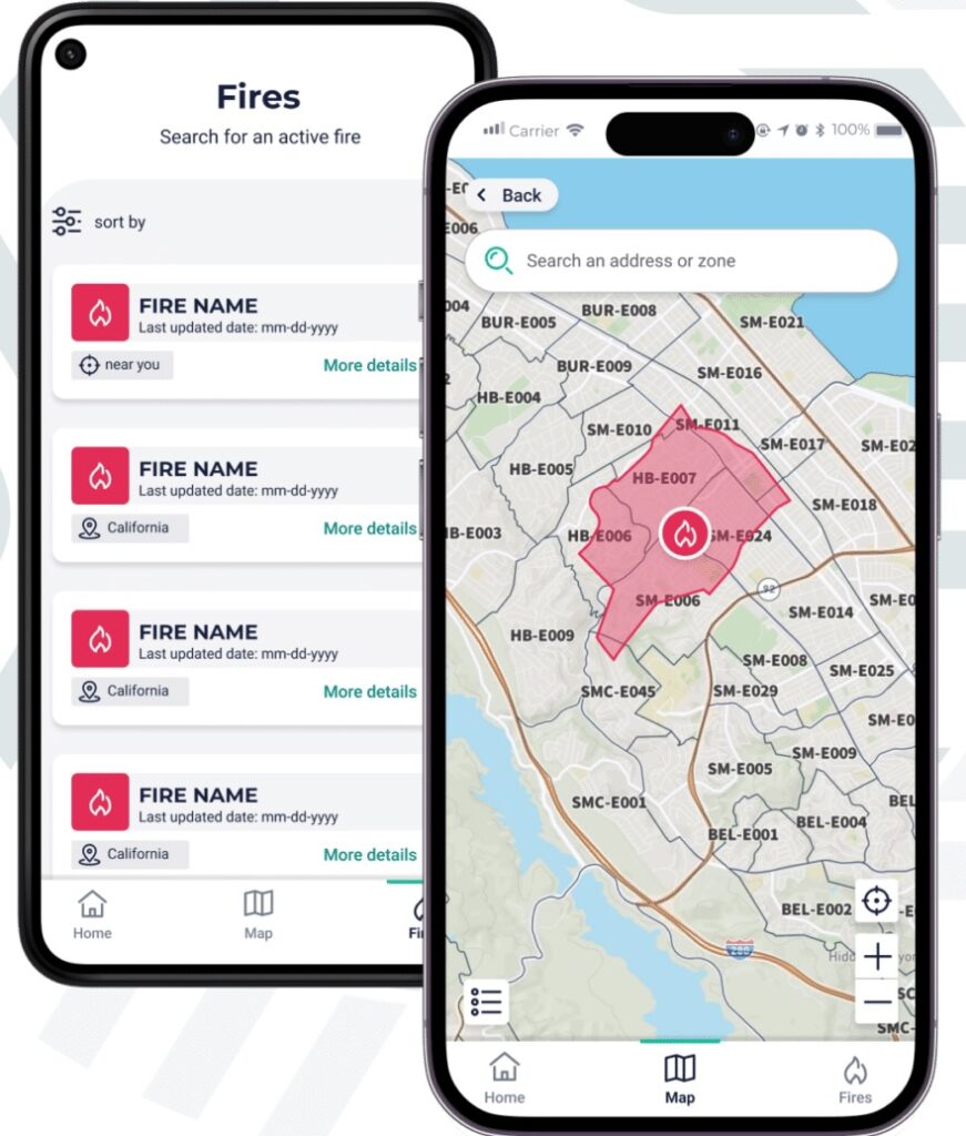 Smartphone screens showing the Genasys Protect app with a list of active fires and a map highlighting evacuation zones in a California neighborhood.