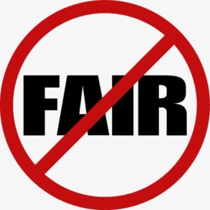 Red crossed-out circle over the word “FAIR,” symbolizing frustration or criticism of the California FAIR Plan insurance system.