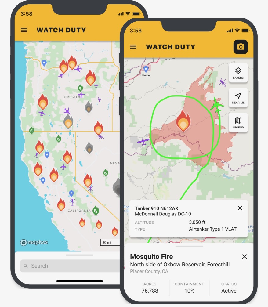 Two smartphone screens showing the Watch Duty wildfire app with real-time fire alerts, perimeter maps, and aircraft activity over California and Oregon.