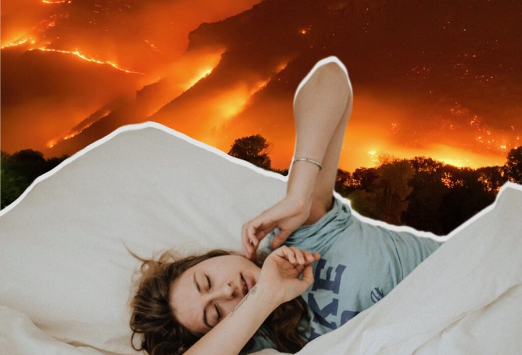 Woman sleeping peacefully in bed while wildfires rage outside — made possible by wildfire home protection systems