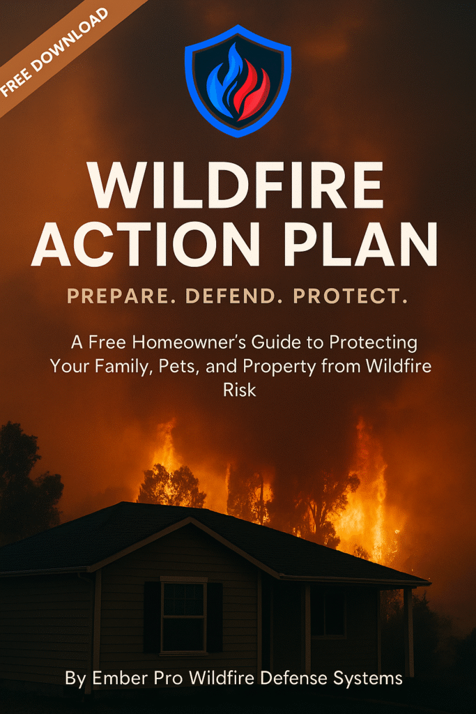 Cover of Ember Pro's Wildfire Action Plan guide showing a house under threat from a wildfire with flames in the background
