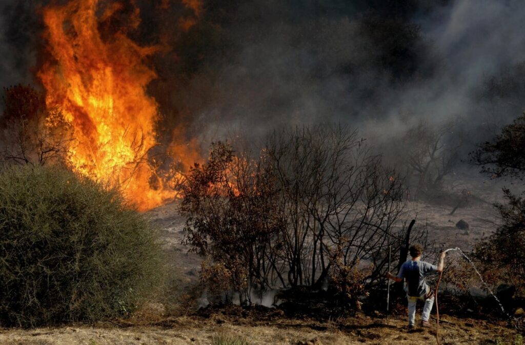 Man using hose as wildfire burns through dry hillside