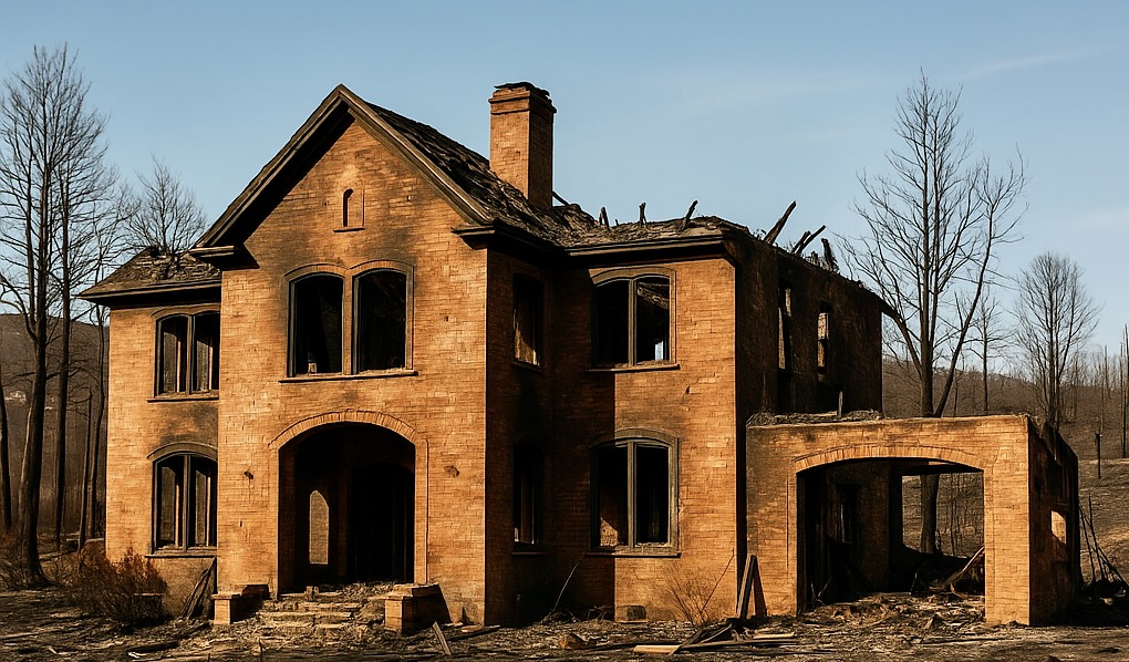 Two-story brick house destroyed by wildfire with collapsed roof, blackened walls, and charred landscape.