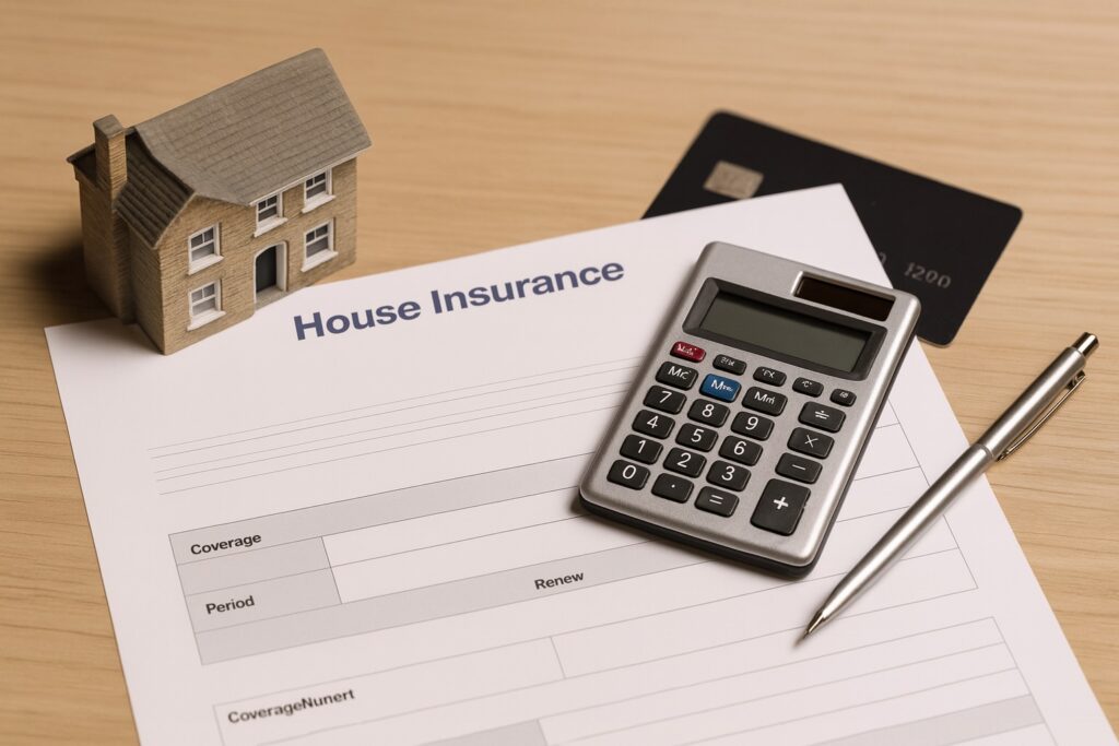 House insurance form on a desk with calculator, pen, credit cards, and a miniature home model.