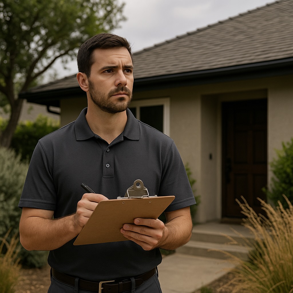 Inspector holding a clipboard while assessing a home for wildfire safety improvements