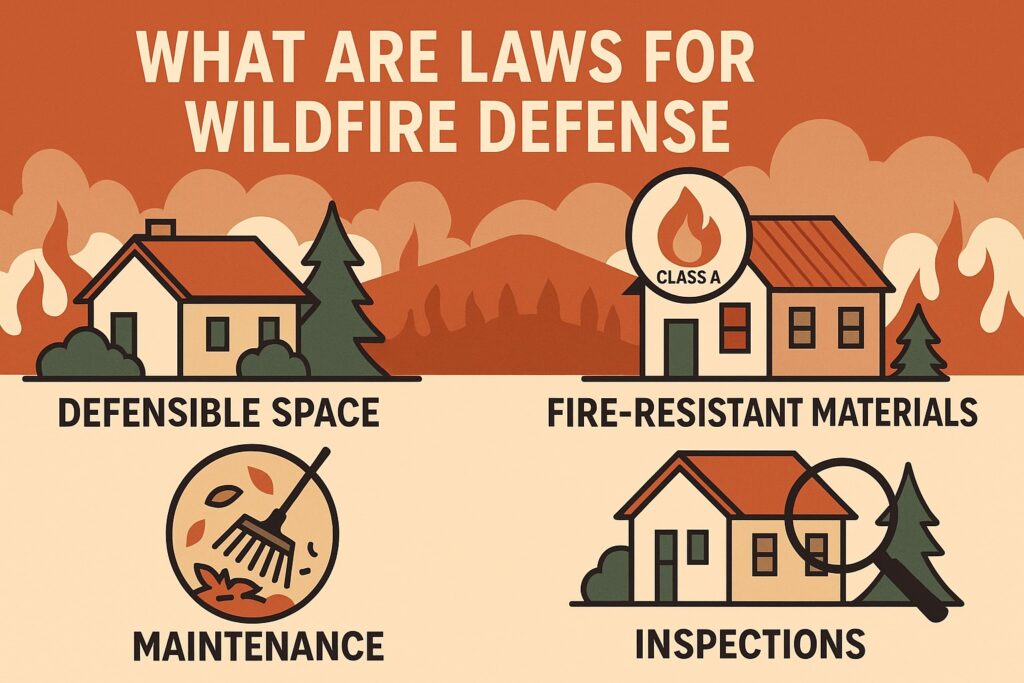 Infographic showing four wildfire defense law categories: defensible space, fire-resistant materials, maintenance, and inspections.