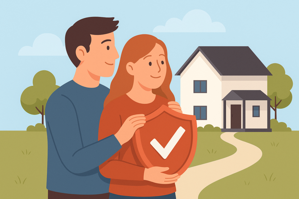 Illustration of a couple standing in front of their home, holding a red shield with a checkmark, symbolizing safety, peace of mind, and wildfire protection.