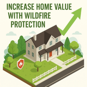 Illustration of a fire-safe home with a wildfire protection shield and green upward arrow showing how wildfire protection increases home value.
