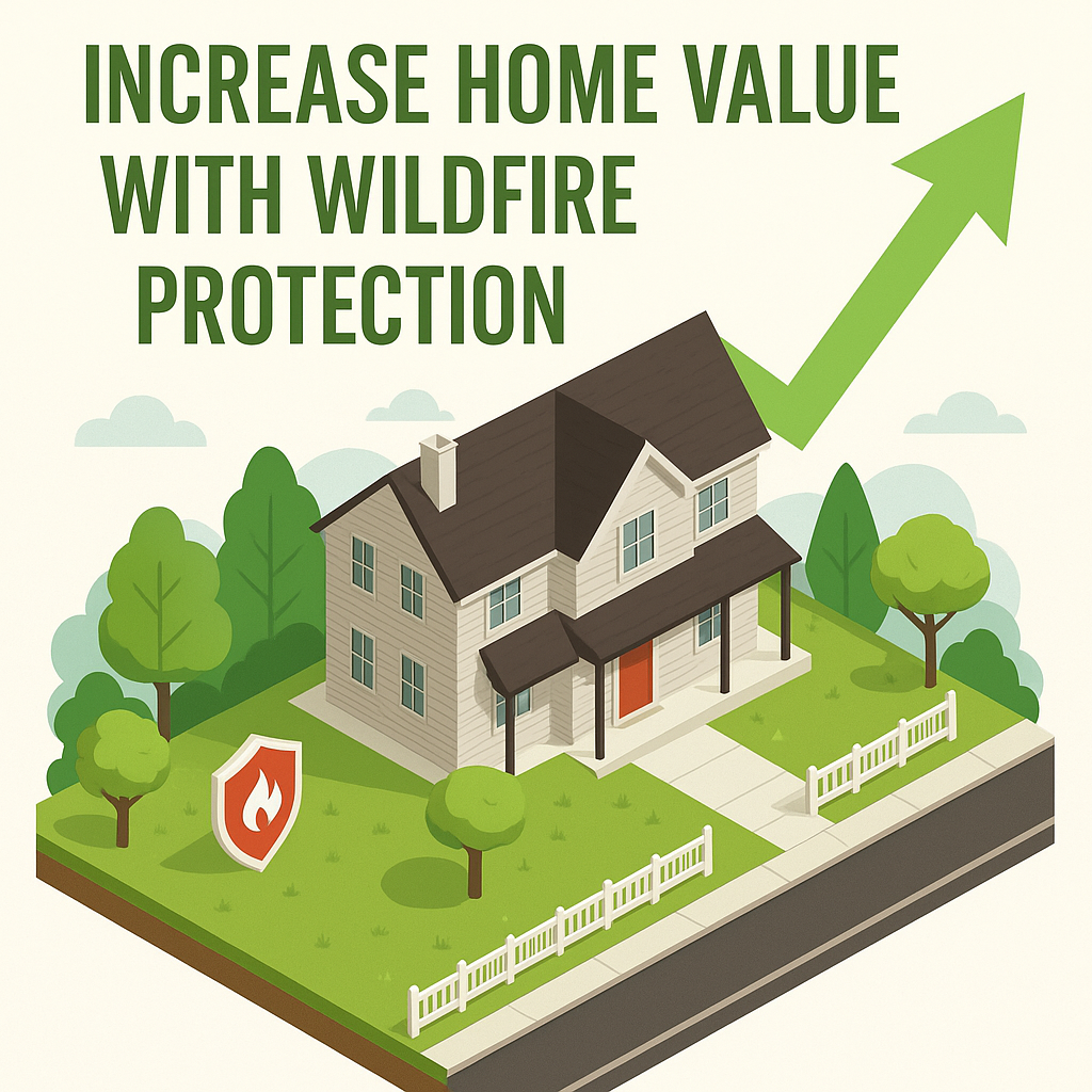 Illustration of a fire-safe home with a wildfire protection shield and green upward arrow showing how wildfire protection increases home value.
