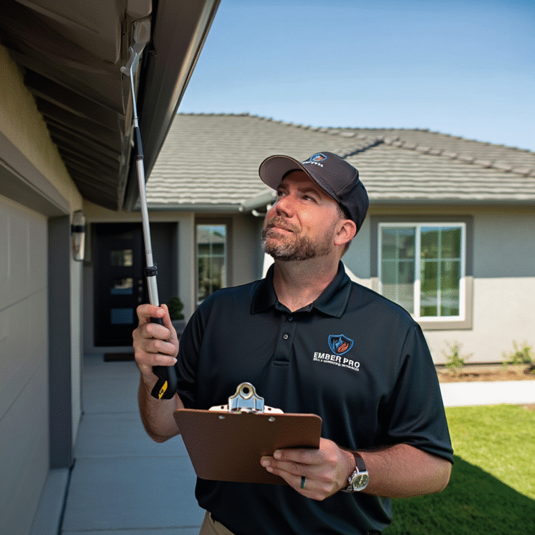Ember Pro wildfire specialist inspecting the eaves and roofline of a Southern California home