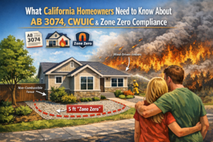 Illustration of a California home with a 5-foot Zone Zero perimeter made of non-combustible gravel, showing wildfire embers approaching and a firefighter suppressing flames, representing AB 3074 and CWUIC homeowner compliance requirements.