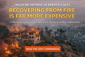 Hillside California home overlooking a community during wildfire season, highlighting the cost and insurance risks homeowners face without wildfire defense.