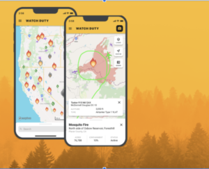 Two smartphone screens displaying the Watch Duty wildfire tracking app with active fire icons across California and detailed incident information for the Mosquito Fire, over a smoky forest background.