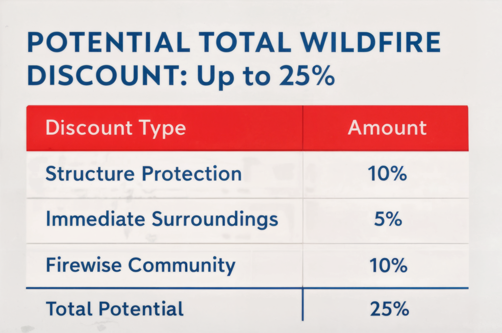 Potential total wildfire insurance discount of up to 25 percent based on structure protection, immediate surroundings, and Firewise community status.