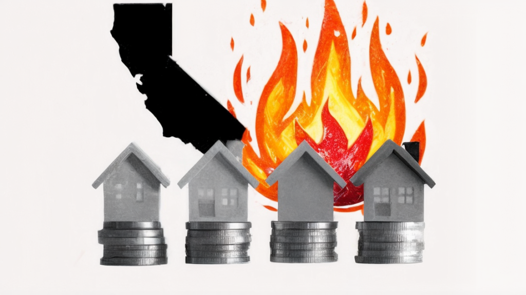 California homes represented with rising wildfire risk and insurance cost pressures.