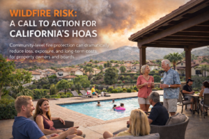 California HOA community at a recreation center with wildfire smoke in the background illustrating community-level wildfire risk