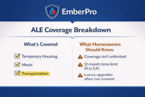 ALE coverage breakdown showing covered expenses and common limitations for homeowners after wildfire loss