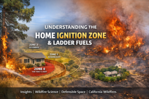 Diagram showing the Home Ignition Zone around a California home with ladder fuels allowing wildfire flames to reach the structure