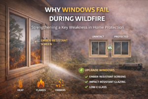 California home window equipped with ember-resistant screen and fire-resilient glazing to reduce wildfire ignition risk