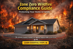 Zone Zero wildfire compliance example showing a California home with a 5 foot noncombustible defensible space perimeter during a wildfire.