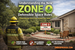 Firefighter inspecting a home with a clearly defined 5-foot Zone 0 defensible space using fire-resistant landscaping