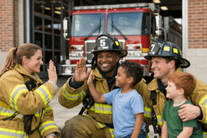 Firefighters interacting with children outside a fire station, representing community wildfire prevention and home safety education in California