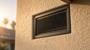 Close-up of a fine-mesh ember-resistant vent in a stucco wall of a Southern California home