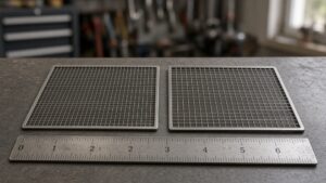 Two vent screens side by side on a workbench, one with fine mesh and one with coarser mesh