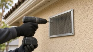Gloved hands fastening a new ember-resistant mesh vent into a stucco wall with a cordless drill